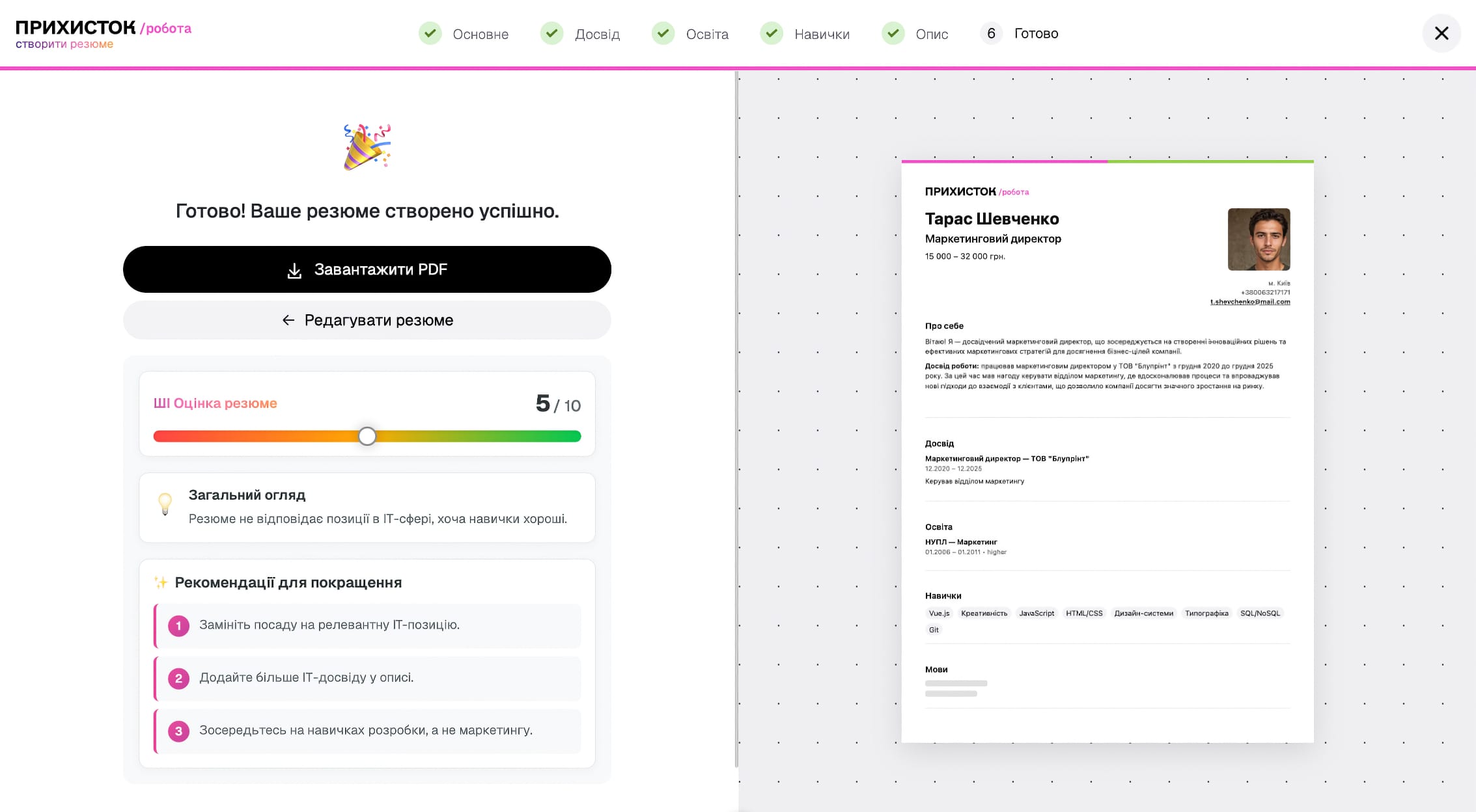 Як працює конструктор резюме